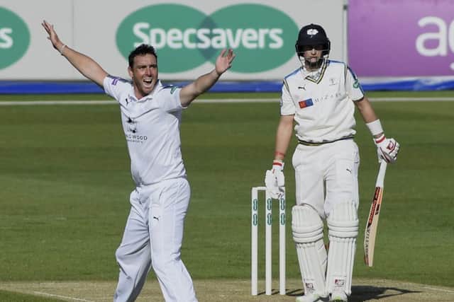 Kyle Abbott appeals after trapping England captain Joe Root LBW. Picture: Neil Marshall