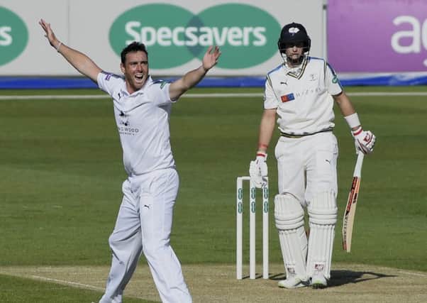 Kyle Abbott appeals after trapping England captain Joe Root LBW. Picture: Neil Marshall