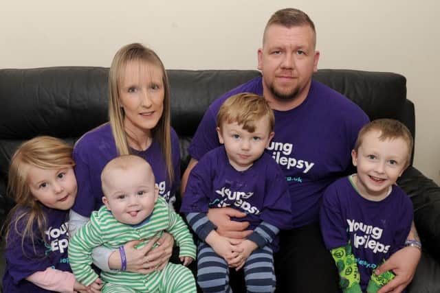 Crystal and her husband Wayne with their children (l-r) Lacie-Louise (4), Bradley (nine months), Rory (2) and Harvey (6).  Picture: Sarah Standing (170509-232)