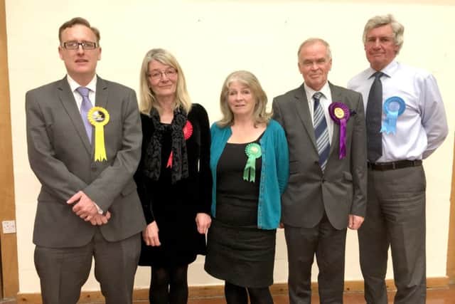 From left, Paul Gray of the Liberal Democrats; Sheree Earnshaw from Labour;  Sue Holt of the Green Party, Ukip's  Richard Coates and Lance Quantrill of the Conservative Party
