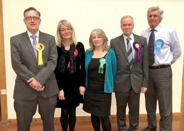 From left, Paul Gray of the Liberal Democrats; Sheree Earnshaw from Labour;  Sue Holt of the Green Party, Ukip's  Richard Coates and Lance Quantrill of the Conservative Party