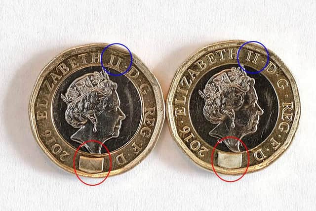 Two of the new one pounds coins including one given as change to a charity worker which he believes may be fake (left).