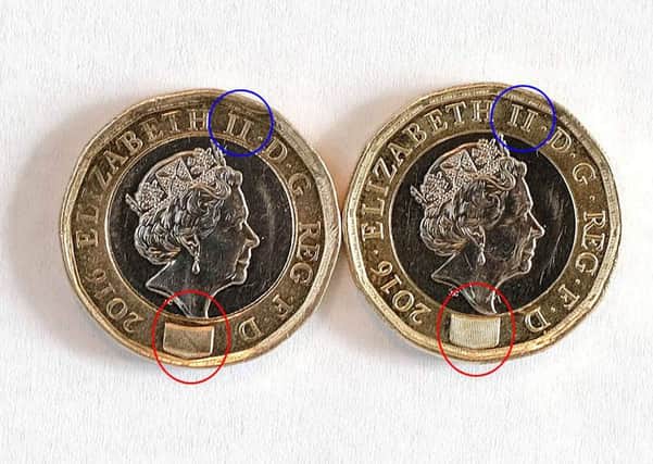 Two of the new one pounds coins including one given as change to a charity worker which he believes may be fake (left).