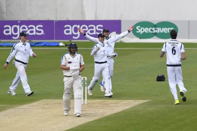 Reece Topley celebrates the wicket of Tim Bresnan for Hampshire at the Ageas Bowl. Picture: Neil Marshall