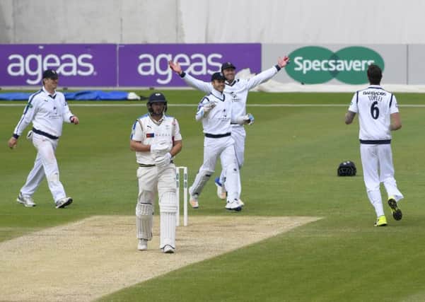 Reece Topley celebrates the wicket of Tim Bresnan for Hampshire at the Ageas Bowl. Picture: Neil Marshall