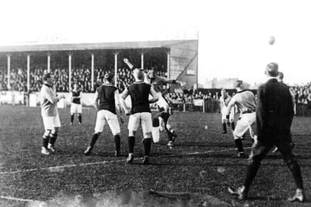 A Pompey forward heads the ball towards the Milton goal. (Barry Cox collection)