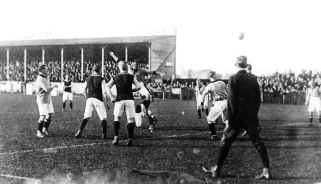 A Pompey forward heads the ball towards the Milton goal. (Barry Cox collection)