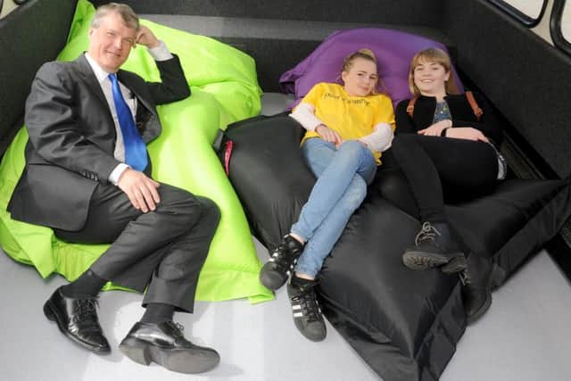 Leader of Fareham Borough Council Sean Woodward with Zoe Stevens, 15, from Y-Services and Catherine Beachill, 15, Y-Services Ambassador. Picture: Sarah Standing (170505-99)