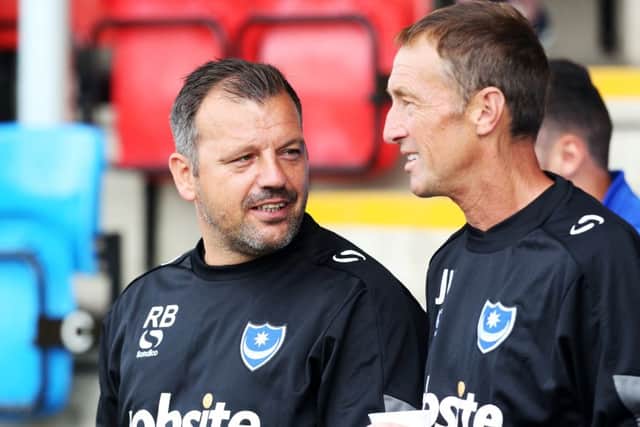 Pompey coaches Robbie Blake and John Keleey. Picture: Joe Pepler