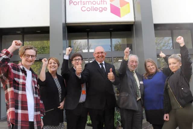 From left, Adam Chaplin, 17, Cllr Jennie Brent, Unloc managing director Hayden Taylor, Portsmouth College principal Steve Frampton, vice chairman of governors David Carpenter, city council leader Donna Jones and Annie Pannell 
Picture: Sarah Standing (170550-6508)