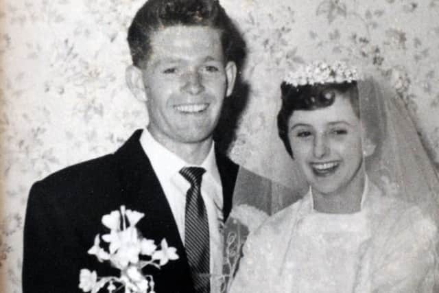 Bill and Betty Morgan on their wedding day in 1957 at their wedding reception in Southsea. PPP-170426-194310001