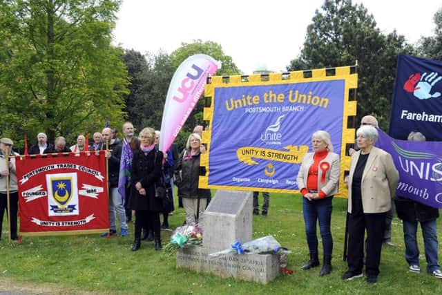 rade unions gathered at the Workers Memorial in Portsmouth to observe a minute of silence for all those killed and injured at work                                    Picture: Malcolm Wells (170428-1788)