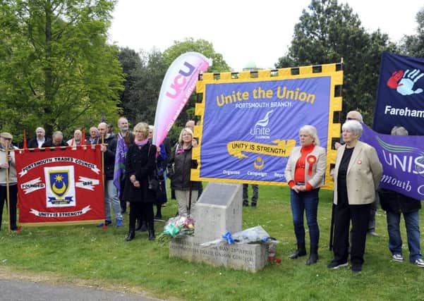 rade unions gathered at the Workers Memorial in Portsmouth to observe a minute of silence for all those killed and injured at work                                    Picture: Malcolm Wells (170428-1788)