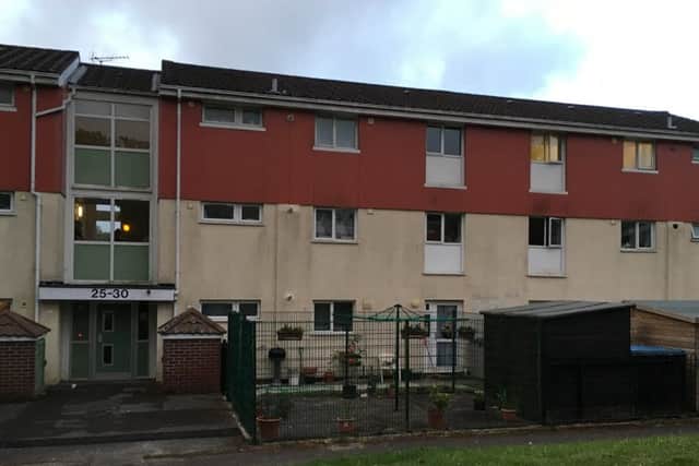 The block of flats in Renown Gardens, Wecock Farm, that were locked down earlier this evening.
