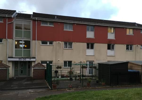 The block of flats in Renown Gardens, Wecock Farm, that were locked down earlier this evening.