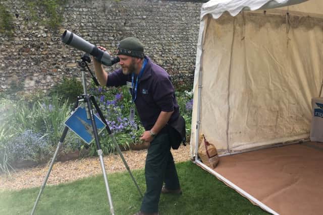 Mark Weston, from the RSPB watching from the viewing area at Chichester Cathedral