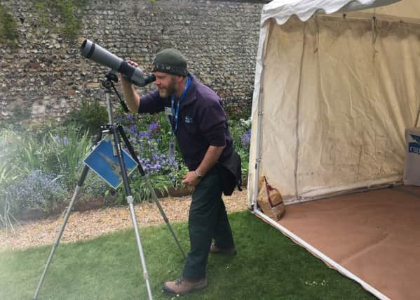 Mark Weston, from the RSPB watching from the viewing area at Chichester Cathedral