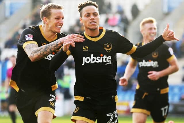 Kyle Bennett, centre, celebrates scoring in the 4-0 win at Colchester last month Picture: Joe Pepler