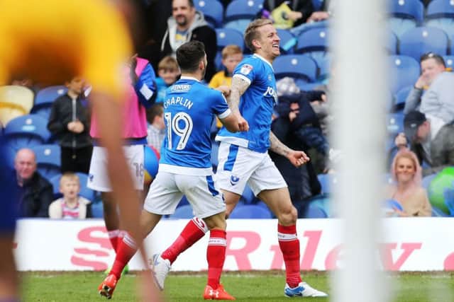 Carl Baker celebrates his goal against Mansfield with Conor Chaplin. Picture: Joe Pepler