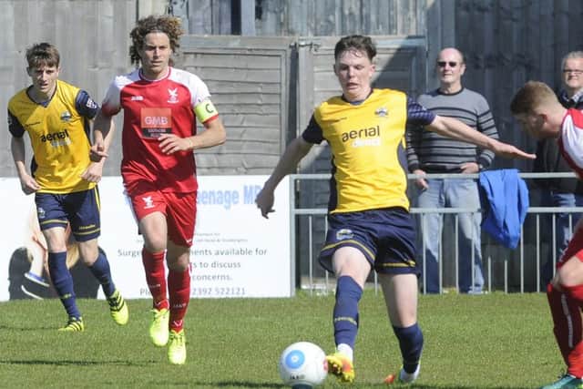 Declan McCarthy battles for the ball for Gosport against Whitehawk. Picture Ian Hargreaves (170524-1)