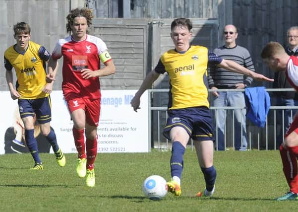 Declan McCarthy battles for the ball for Gosport against Whitehawk. Picture Ian Hargreaves (170524-1)