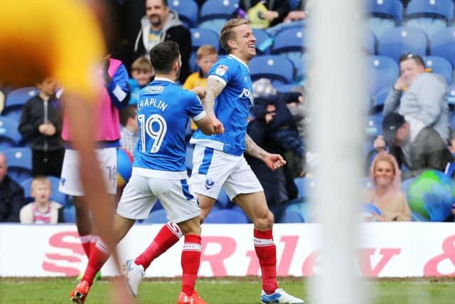 Carl Baker celebrates his goal at Mansfield. Picture: Joe Pepler