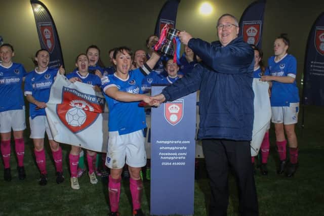 Pompey Ladies celebrate their Hampshire Challenge Cup victory over Southampton Saints earlier this season Picture: Jordan Hampston