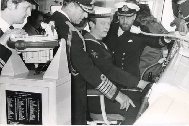 Prince Philip on board the Portsmouth-based Type 42 destroyer HMS Sheffield, sunk during the Falklands war in 1982.