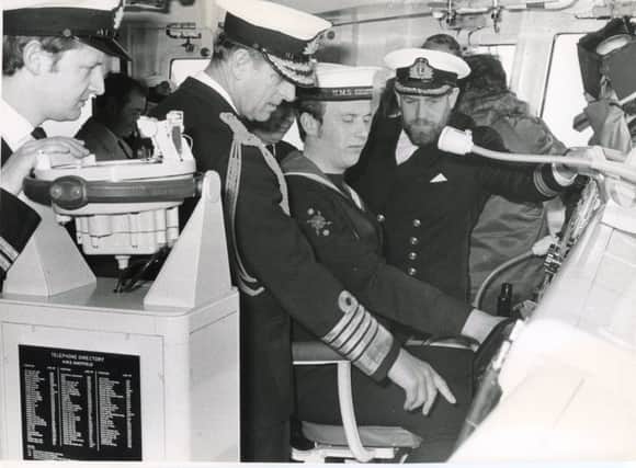 Prince Philip on board the Portsmouth-based Type 42 destroyer HMS Sheffield, sunk during the Falklands war in 1982.