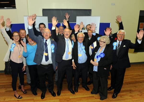 The joyous Gosport Conservatives as Stephen Philpott, centre, wins 

Bridgemary from Labour