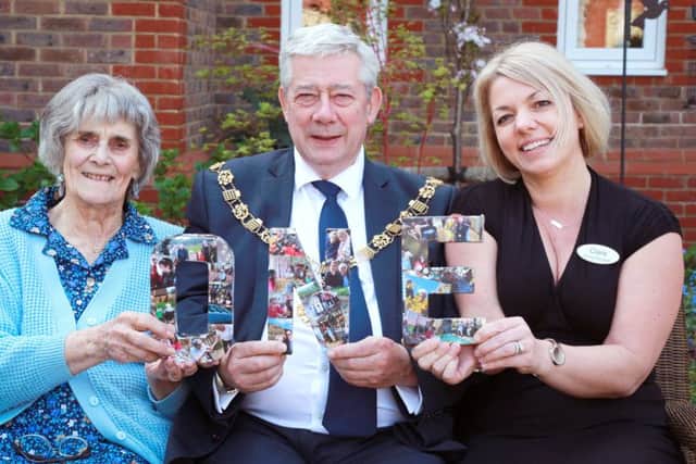 Chichester Mayor Peter Budge at Wellington Grange with home manager Clare Gibson and resident Irene Allen Picture: Paul Collins/Deep South Media