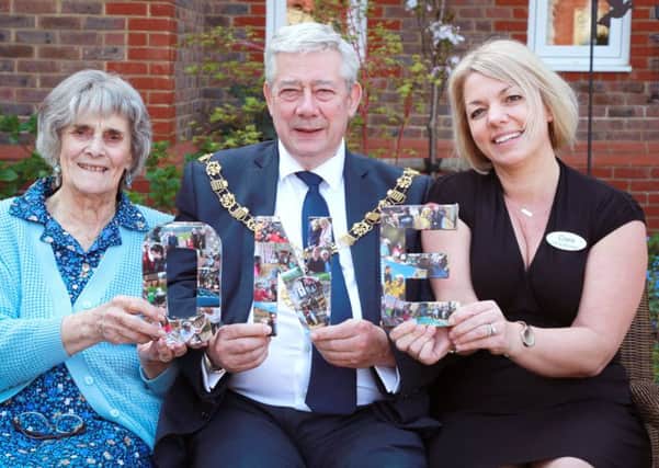 Chichester Mayor Peter Budge at Wellington Grange with home manager Clare Gibson and resident Irene Allen Picture: Paul Collins/Deep South Media