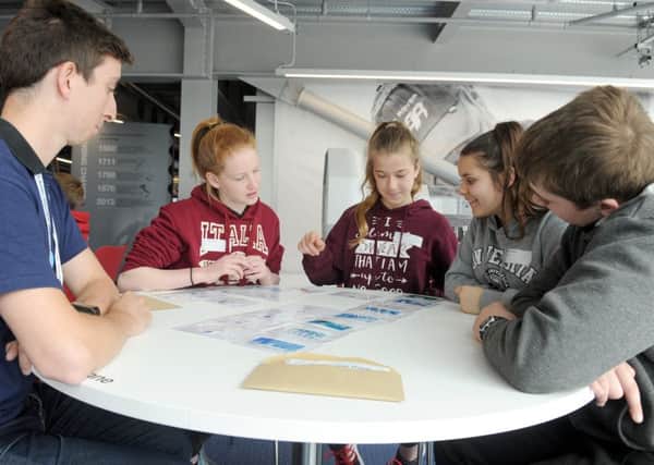 (L-r) Peter Griffin, STEM ambassador, with pupils from St Edmund's School Eloise Borrett, Bethryn Keysell, Louise Elliott and Pip Collins White  Picture: Sarah Standing (170584-7041)