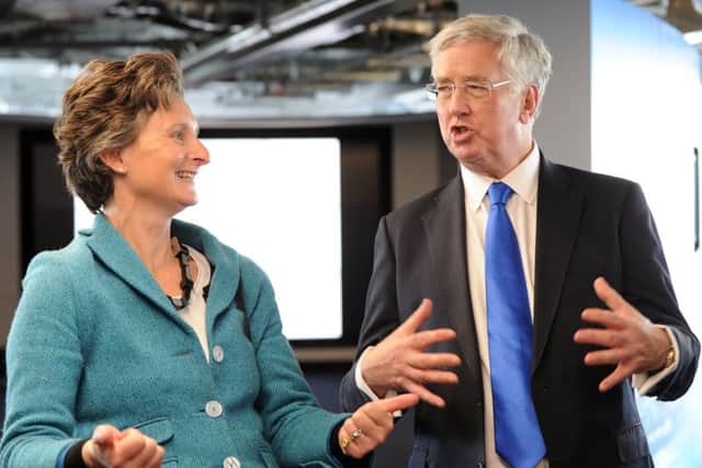 Flick Drummond, parliamentary candidate for Portsmouth South, with Michael Fallon at Land Rover BAR.   Picture: Sarah Standing (170586-1077)