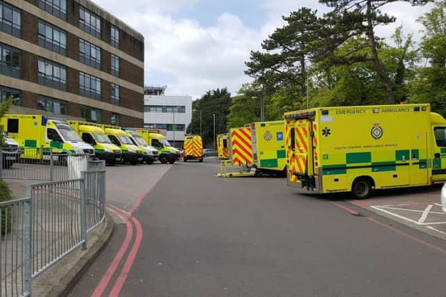 The ambulances queueing outside the QA Hospital. Picture: Dr Jamie Fryer/Twitter