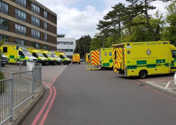 The ambulances queueing outside the QA Hospital. Picture: Dr Jamie Fryer/Twitter