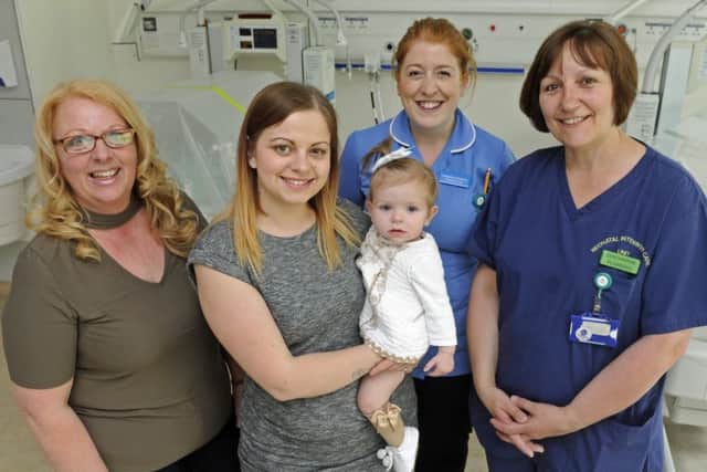 From left: Lynn Bryant with daughter Hannah Bryant and her daughter Beau Davis, with staff nurse Helen Dean and senior sister, Jo Church.
Picture Ian Hargreaves (170518-1)