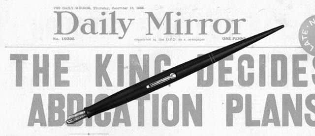 Historic artefact: The fountain pen Edward VIII used to sign away his life as king resting on an issue of the Daily Mirror from the last few days of the abdication crisis of 1936