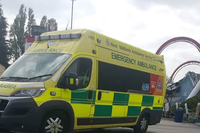 A photo by Jade Braham of an ambulance at Drayton Manor Theme Park in Drayton Manor, Tamworth, where the Splash Canyon ride has been closed after reports of someone falling in the water