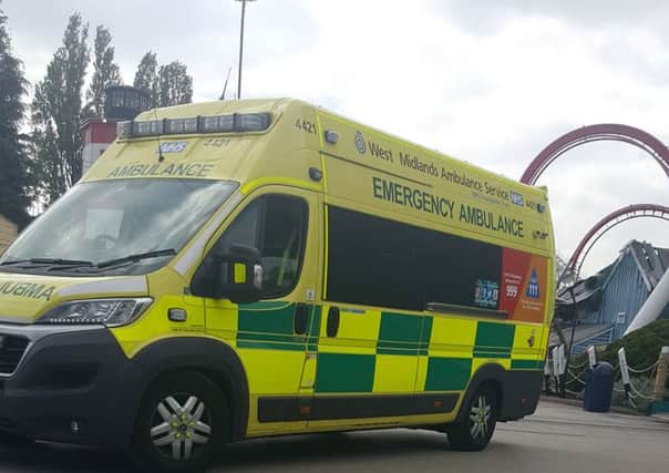 A photo by Jade Braham of an ambulance at Drayton Manor Theme Park in Drayton Manor, Tamworth, where the Splash Canyon ride has been closed after reports of someone falling in the water