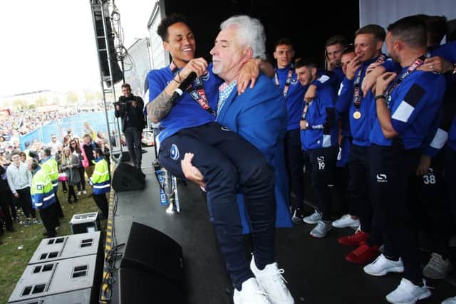 Iain McInnes and Kyle Bennett with the mike at the Southsea Common celebrations. Picture: Joe Pepler