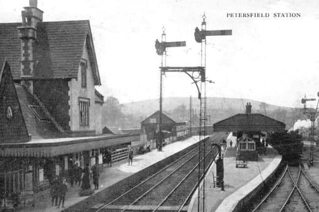 Petersfield railway station in, perhaps, the 1920s looking south with Butser Hill in the distance