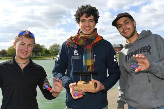 Ben Slater, left and Timothee Villain-Amirat, from 
Southampton Solent University, who were second and first place winners of the Gosport Boating Lake model yacht competition