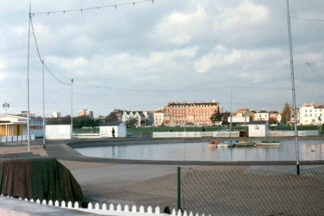 Southsea, mid-winter 1977. The former boating lake with the miniature railway just visible in the foreground.