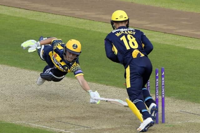 Kiran Carlson is stumped by Lewis McManus off the bowling of Mason Crane. Picture: Neil Marshall