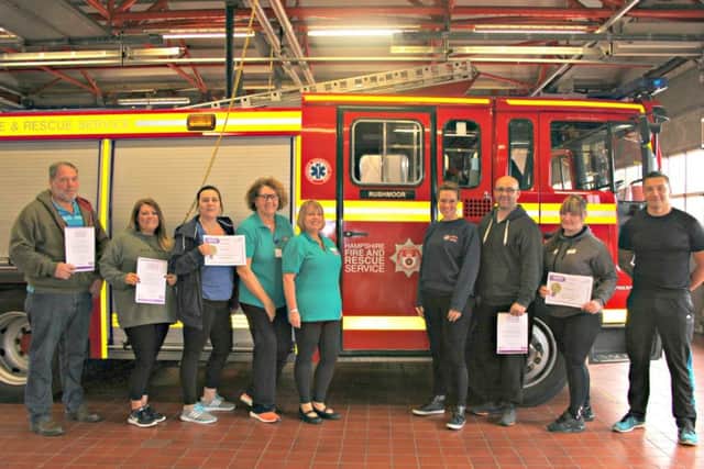 From left, course participants Stephen Lawn, Tracy Lawn and Gizelle Conway, Quit4Life development manager and specialist adviser Gail Stringer, specialist adviser Louise Fuller, Emma Brown from Hampshire Fire and Rescue Service, participants Dean Harrison and Hayley Hayes and Hampshire Fire and Rescue Services Chris Caton