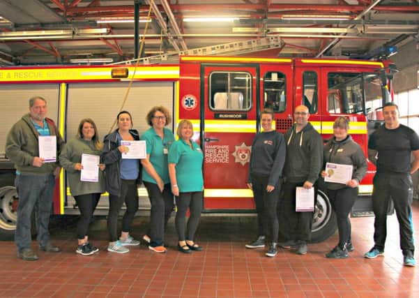 From left, course participants Stephen Lawn, Tracy Lawn and Gizelle Conway, Quit4Life development manager and specialist adviser Gail Stringer, specialist adviser Louise Fuller, Emma Brown from Hampshire Fire and Rescue Service, participants Dean Harrison and Hayley Hayes and Hampshire Fire and Rescue Services Chris Caton