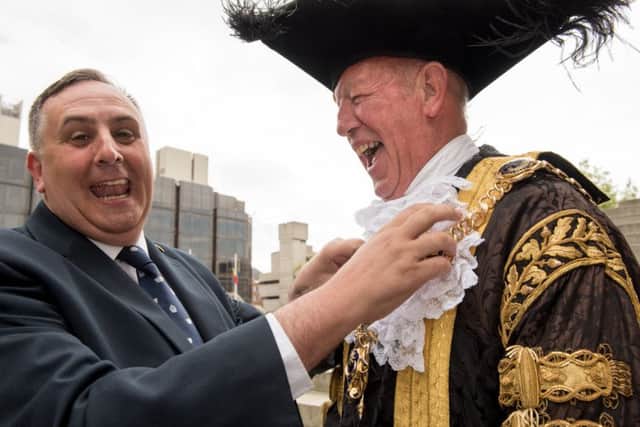 Former Lord Mayor of Portsmouth David Fuller shares a laugh with the new one Mayor Ken Ellcombe Picture: Vernon Nash