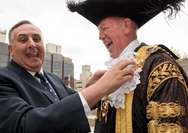 Former Lord Mayor of Portsmouth David Fuller shares a laugh with the new one Mayor Ken Ellcombe Picture: Vernon Nash