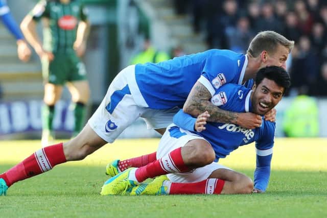 Danny Rose celebrates his goal against Plymouth with Carl Baker. Photo by Joe Pepler
